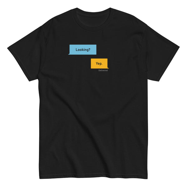 Grindr Dialogues LGBT Shirt featuring text bubbles on a black tee, humor in gay pride apparel.