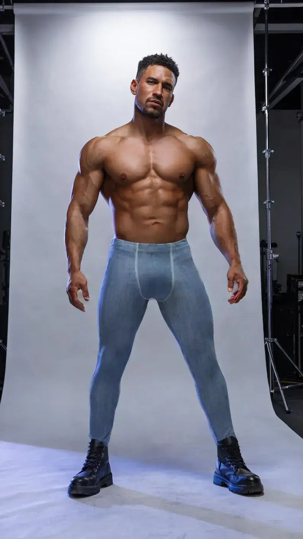 Muscular man in light denim print jogging pants, showcasing gay leggings as fitness wear.