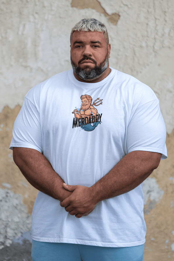 Muscular man wearing Merdaddy Shirt Gift for Dad design in white.