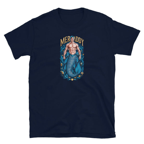 Merdaddy Shirt Gift for Dad Merman Mermaid Lover Mermaid Daddy Birthday Merdad, navy gay shirt with merman graphic.
