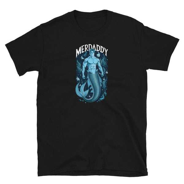 Merdaddy Shirt Gift for Daddy Merman Lover Mermaid Daddy Merdad on black t-shirt with ocean graphics.