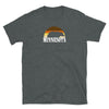 Minnesota LGBTQ Rainbow Gay Daddy Bear Pride, sporty grey gay shirt with retro rainbow design.