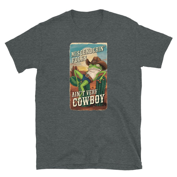 Dark grey t-shirt featuring a humorous frog design and text, LGBTQ pride shirt.