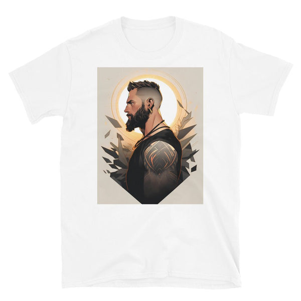 Muscle Gay Bear 08 Geometric Abstract Art Shirt, Gay Art Shirt for Gay Pride in white.