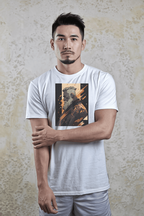 Model wearing Muscle Gay Bear 13 Geometric Abstract Art Shirt, showcasing gay pride apparel.