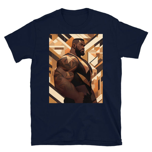 Muscle Gay Bear 14 Geometric Abstract Art Shirt, Gay Art Shirt for Gay Pride displaying a muscular man on a navy background.