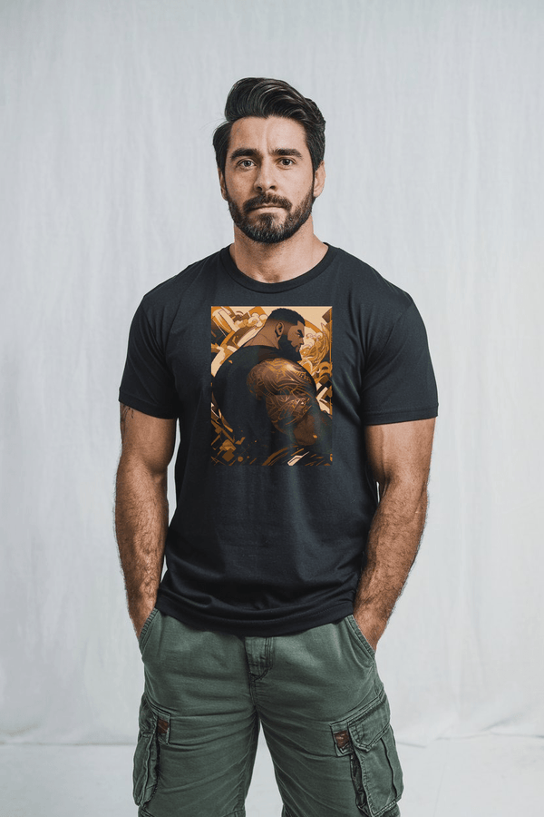 Model wearing Muscle Gay Bear 28 Geometric Abstract Art Shirt, gay pride apparel.