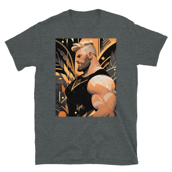 Muscle Gay Bear 29 Geometric Abstract Art Shirt, Gay Art Shirt for Gay Pride design on dark grey t-shirt.