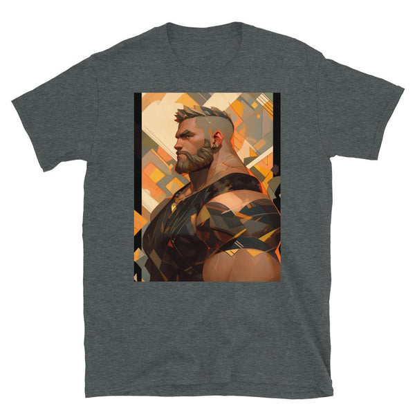 Muscle Gay Bear 30 Geometric Abstract Art Shirt, Gay Art Shirt for Gay Pride on charcoal fabric.