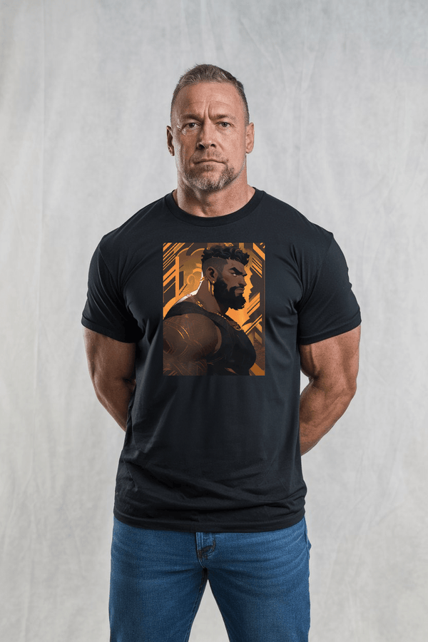 Model wearing Muscle Gay Bear 32 Geometric Abstract Art Shirt, gay pride apparel design in black.