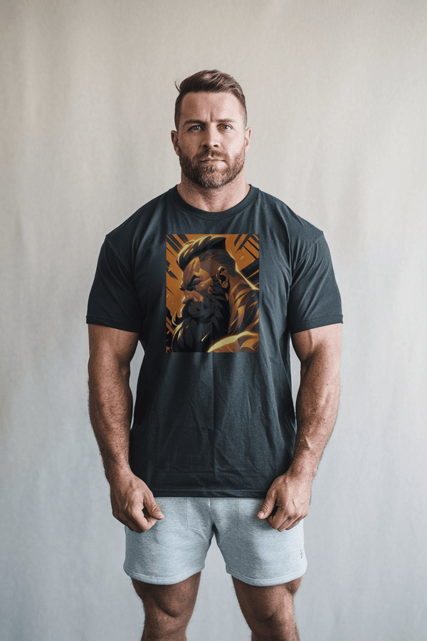 Model wearing Muscle Gay Bear 34 Geometric Abstract Art Shirt, showcasing gay pride apparel.