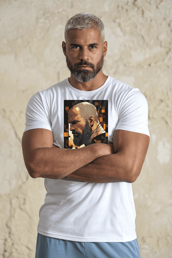 Model wearing Muscle Gay Bear 35 Geometric Abstract Art Shirt, a gay pride apparel.