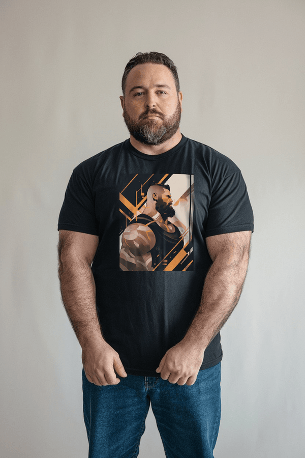Muscle Gay Bear 37 Geometric Abstract Art Shirt, Gay Art Shirt for Gay Pride worn by a muscular man.