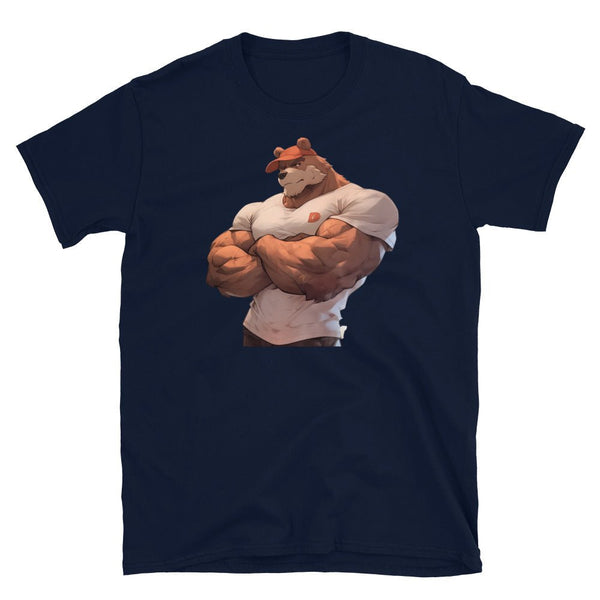 Muscle Gay Bear Anime Art Shirt with a muscular bear graphic, navy color, gay pride apparel.