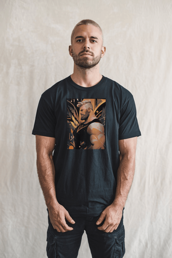 Muscle Gay Bear Geometric Abstract Art Shirt, Gay Art Shirt for Gay Pride, featuring a male model in black tee.