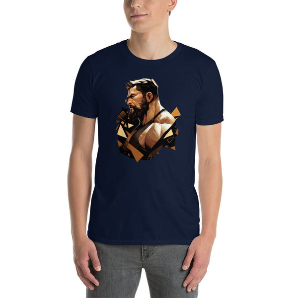 Muscle Gay Bear Geometric Abstract Art Shirt, Gay Art Tee for Gay Pride on navy t-shirt.