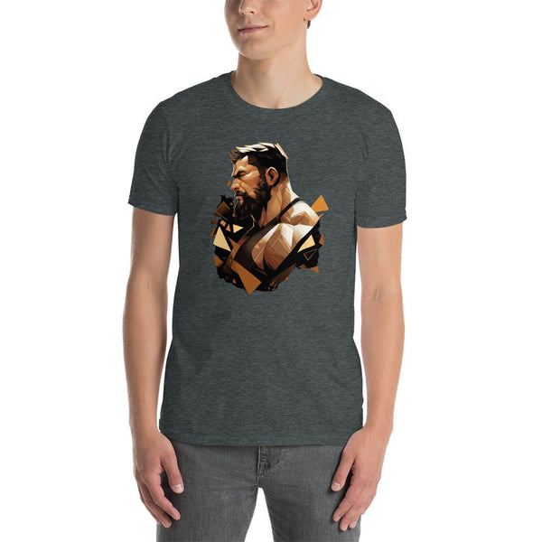 Muscle Gay Bear Geometric Abstract Art Shirt, Gay Art Tee for Gay Pride on model, dark grey color.