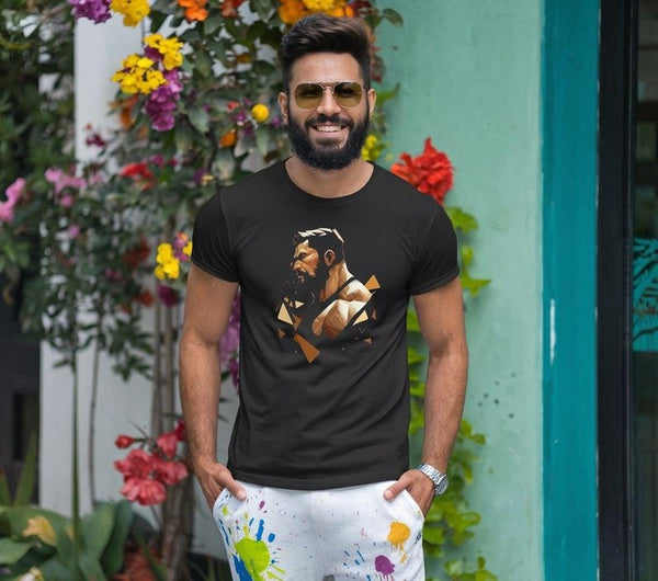 Muscle Gay Bear Geometric Abstract Art Shirt, Gay Art Tee for Gay Pride worn by man outdoors.
