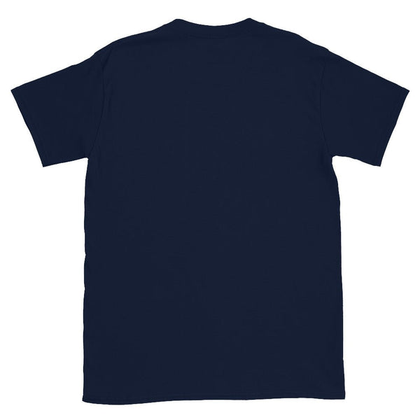 Back view of a blue t-shirt, cozy fit, part of gay pride apparel.
