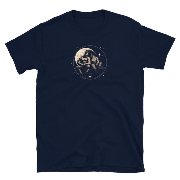 Muscle Gay Bear on the moon Art Shirt in navy blue featuring two men design.