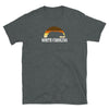 Dark Heather gay t-shirt with North Carolina rainbow design, lgbt clothing.
