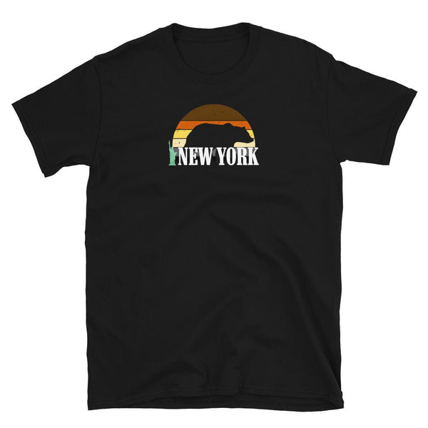 Black t-shirt featuring 'NEW YORK' and rainbow bear graphic, LGBTQ Pride apparel.