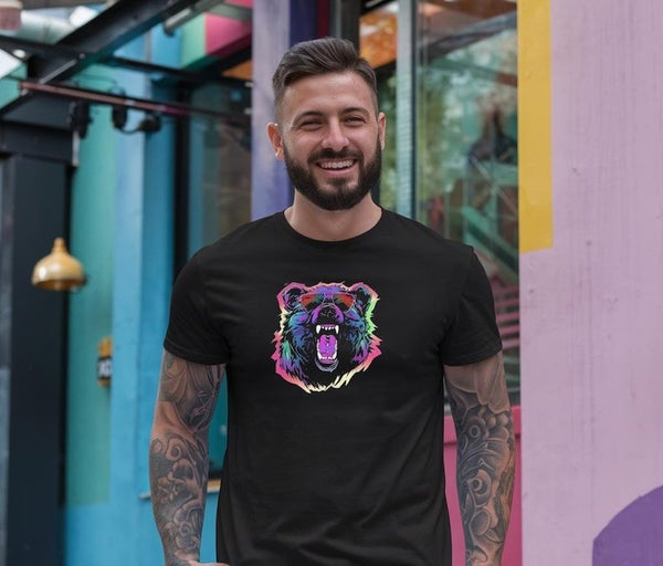 Man wearing Party Gay Bear T-Shirt with colorful bear graphic, showcasing gay pride apparel.