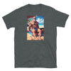Gray t-shirt featuring a muscular man at the beach, gay pride apparel.