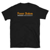 Black t-shirt with 'Power Bottom University' text, perfect gay gift and pride apparel.