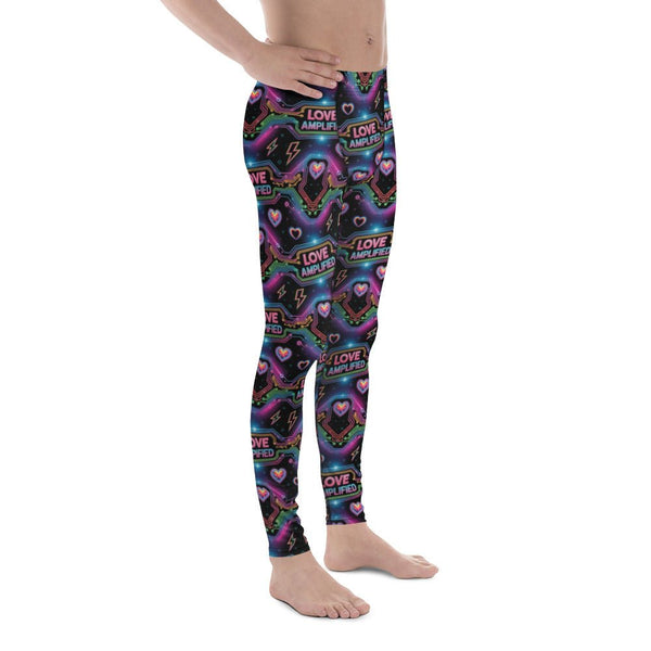 Pride Pulse Men’s Leggings – Rainbow Circuit Meggings, Gay Festival Pants, Neon Heart Activewear with colorful heart designs.