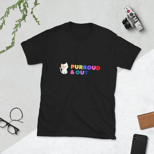 Proud Cat Lover T-Shirt for LGBTQ pet owners in black with colorful lettering.