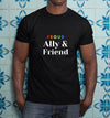 Black t-shirt featuring 'Proud Ally & Friend' design, LGBTQ pride apparel for gay gift.
