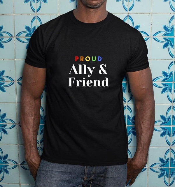 Black t-shirt featuring 'Proud Ally & Friend' design, LGBTQ pride apparel for gay gift.