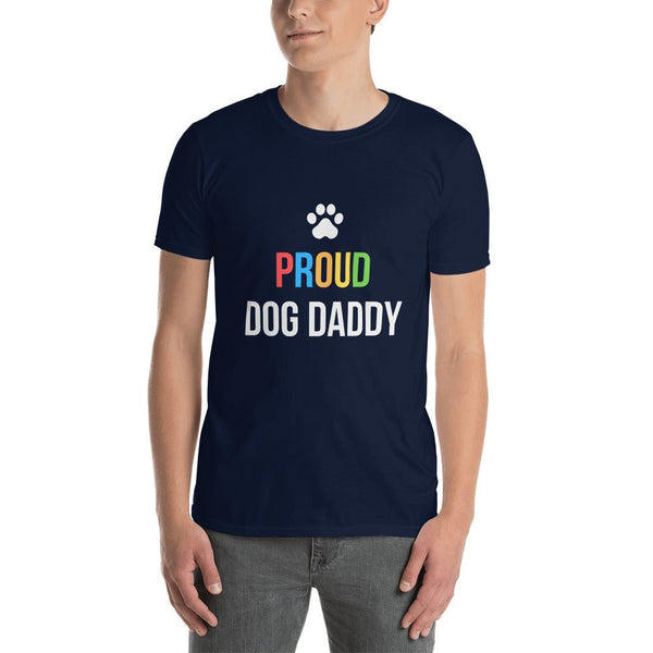 Proud Gay Dog Dad Shirt - LGBT Shirts Men, Gay Proud Dog T-Shirt featuring colorful lettering and paw print.