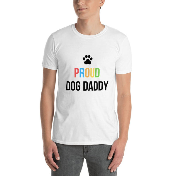 Proud Gay Dog Dad Shirt - LGBT Shirts Men, Gay Proud Dog T-Shirt on model, white cotton.