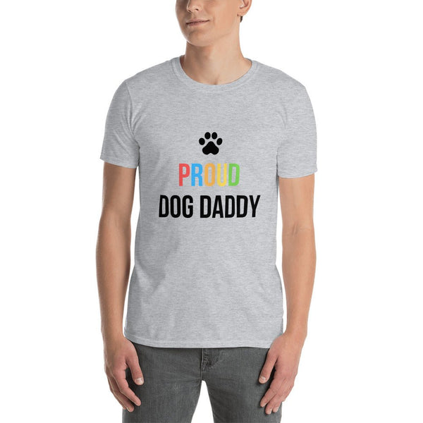 Proud Gay Dog Dad Shirt - LGBT Shirts Men, Gay Proud Dog T-Shirt in gray with colorful text.