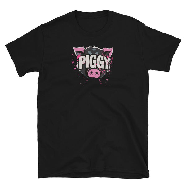 Black t-shirt featuring a colorful piggy graphic, perfect for gay pride apparel.