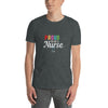 Dark grey t-shirt with a colorful "PROUD TO BE A Nurse" graphic, ideal gay pride apparel.