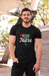 Male model in a black tee featuring 'Proud to be a Nurse' text, gay pride apparel.
