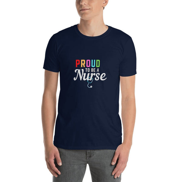 Proud to be a Nurse - Gay Nurse T-Shirt on model, navy blue, LGBT pride apparel.