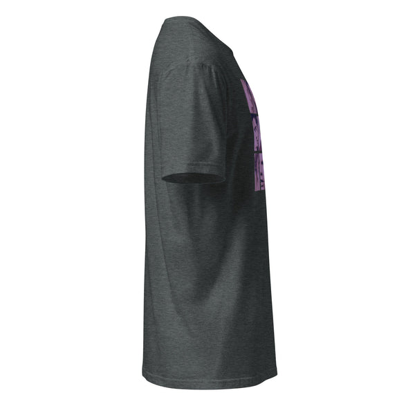 Side view of a Queer as Folk T-Shirt – Retro LGBTQ+ Pride Tee for Fans & Allies, dark gray fabric with purple graphics.