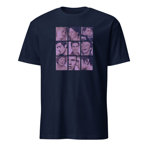 Navy blue retro T-shirt featuring character faces from Queer as Folk – Retro LGBTQ+ Pride Tee for Fans & Allies.