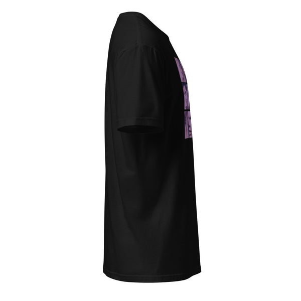 Side view of a black Queer as Folk T-shirt with retro purple graphic, LGBTQ+ pride apparel.