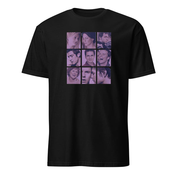 Queer as Folk T-Shirt – Retro LGBTQ+ Pride Tee for Fans & Allies, black fabric with graphic faces design.