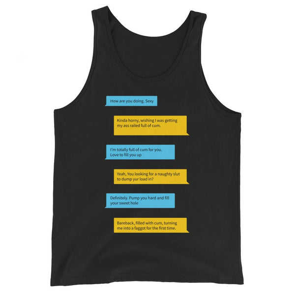 Raunchy Grindr Dialogues LGBT Gay Tank Top featuring humorous gay dialogue.