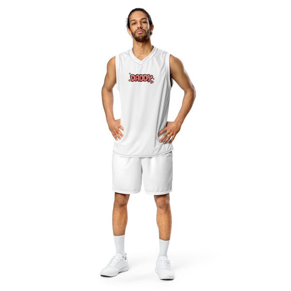 Recycled unisex basketball jersey with 'Daddy' graphic, perfect for pride apparel.
