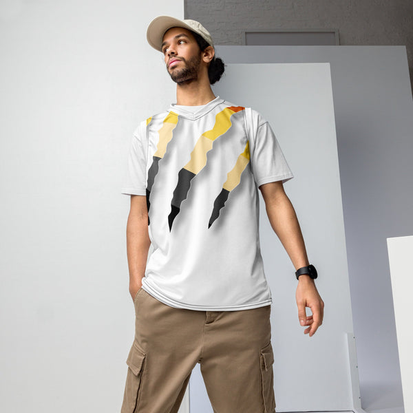 Recycled unisex basketball jersey test featuring bold graphics in yellow and black.