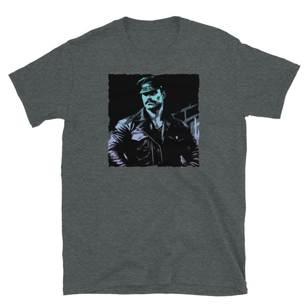 Retro Dom daddy Gay Pride T-Shirt featuring a leather-clad model design.