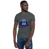 Man wearing Retro Gaymers Never Die T-Shirt, LGBT gamer gift with colorful arcade graphic.