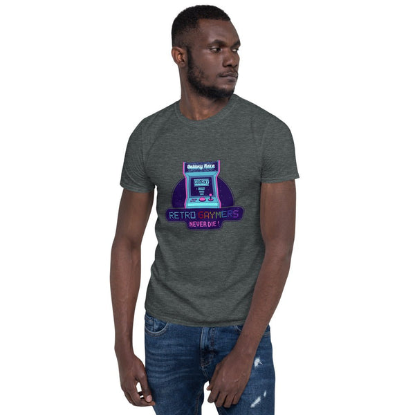 Man wearing Retro Gaymers Never Die T-Shirt, LGBT gamer gift with colorful arcade graphic.